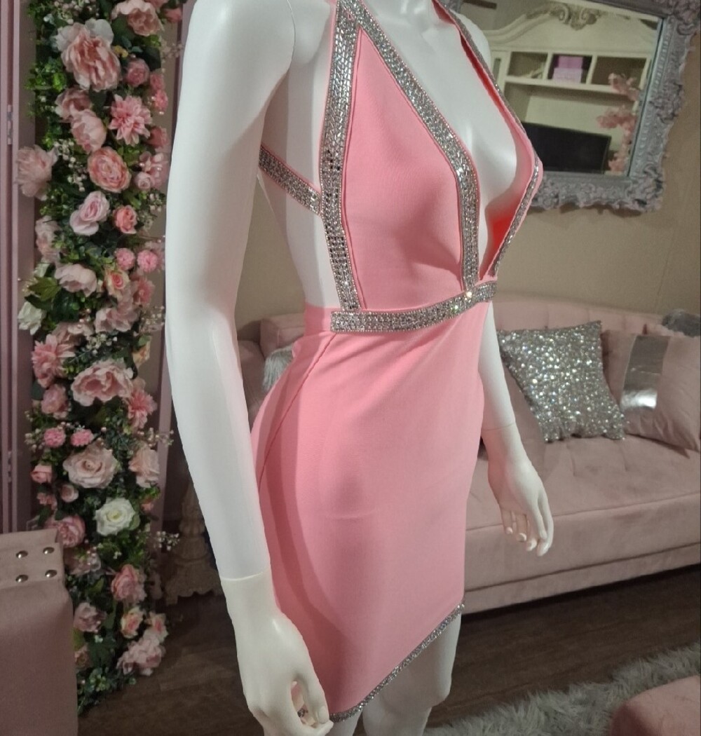 Pink Rhinestone Embellished Plunge Halter Bodycon Mini Dress NWT Size XS - Picture 3 of 8